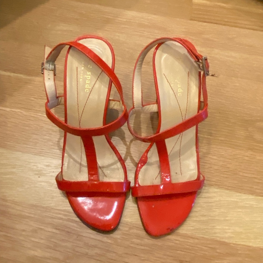 Kate Spade Vintage Womens Orange Patent Leather Sandal w Black Strlpe Wedge/ 5.5